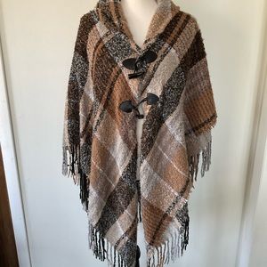 Women’s Tan Black Plaid Poncho Wrap